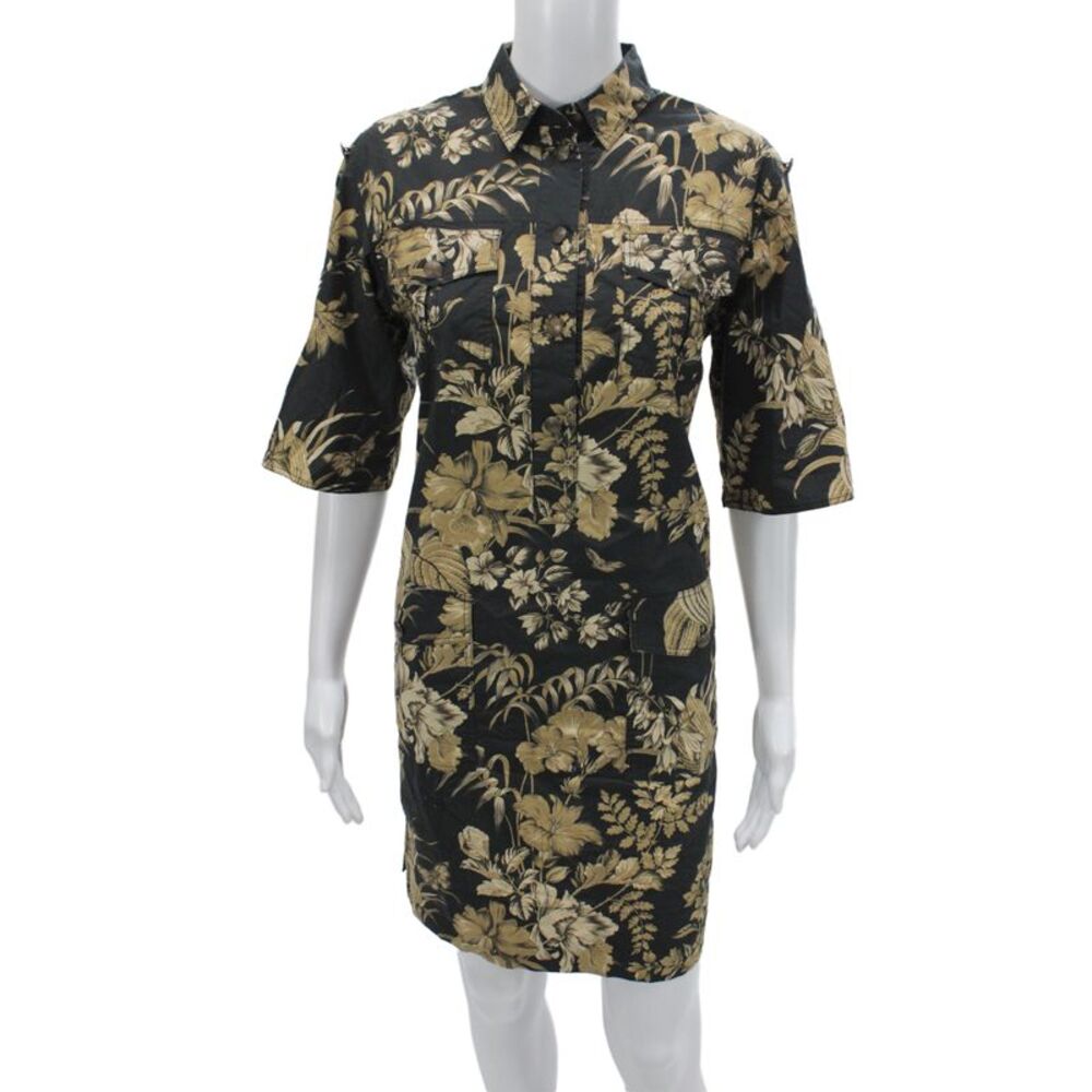 Etro Women Black Floral Cotton Collared Shirt Dress Button Half Sleeve Size 40